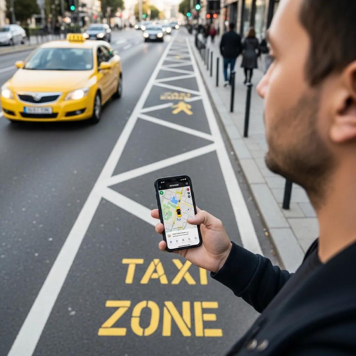 Pedestrian using a mobile app for safety while waiting for a taxi