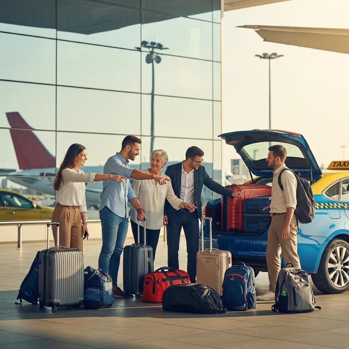 Group of travelers boarding a taxi, emphasizing safety and excitement in group travel