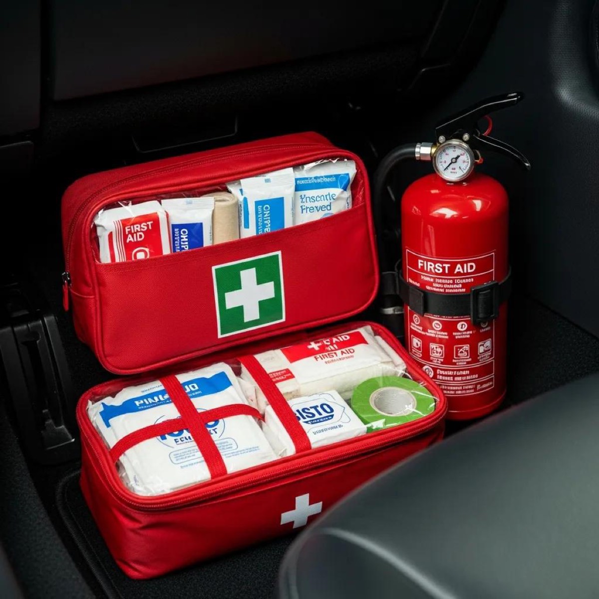 First aid kit and fire extinguisher in a taxi, highlighting mandatory safety equipment for group travel