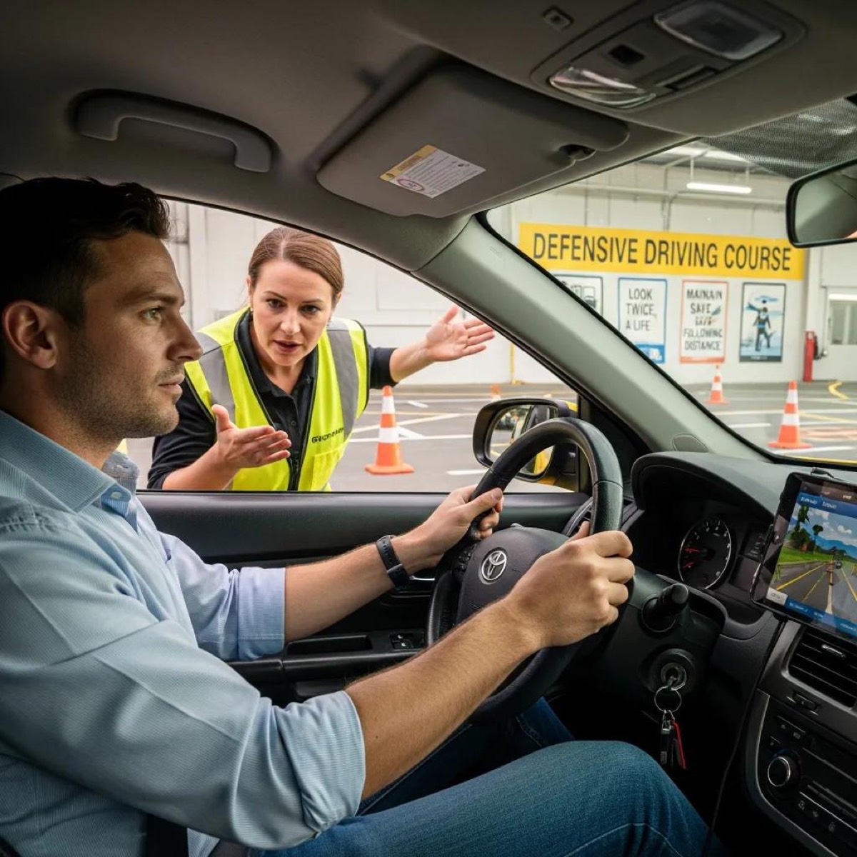 Taxi driver in training for defensive driving, emphasizing ongoing safety training for group travel