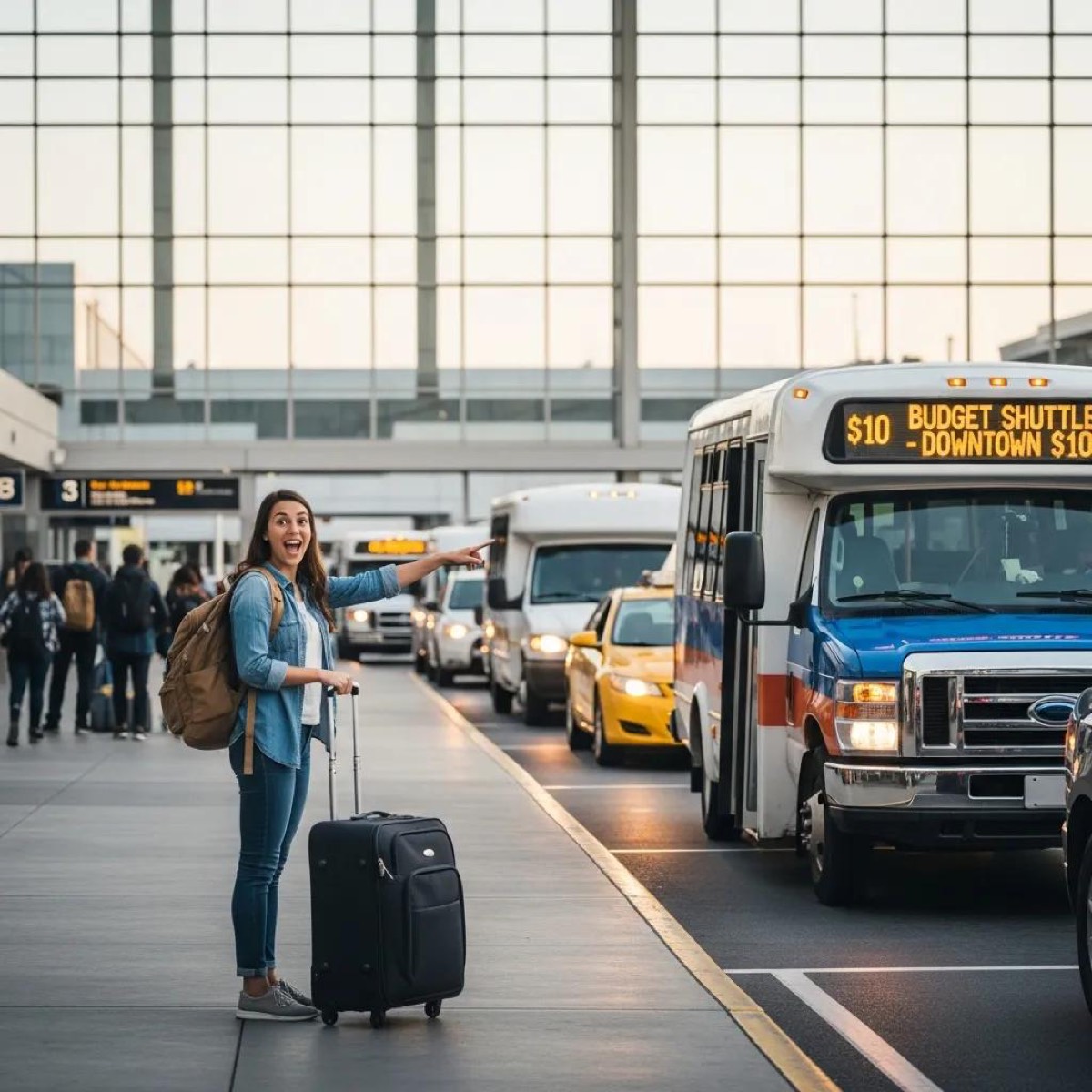 Traveler exploring budget airport transfer options with luggage at an airport