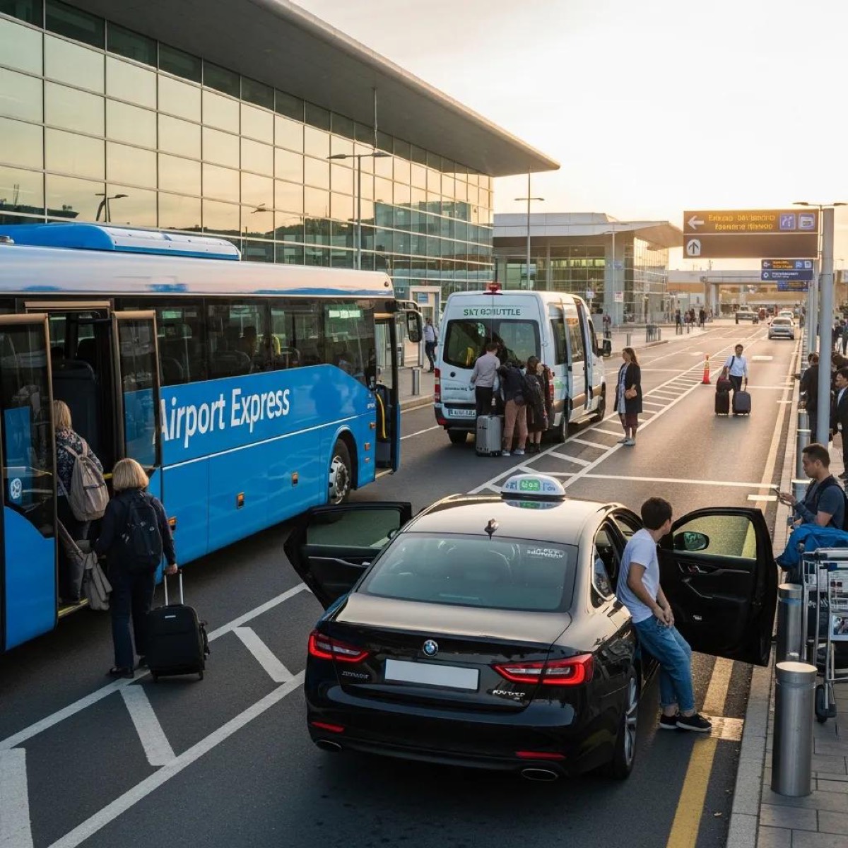 Different cost-effective airport transfer options including bus, shuttle, and ride-sharing