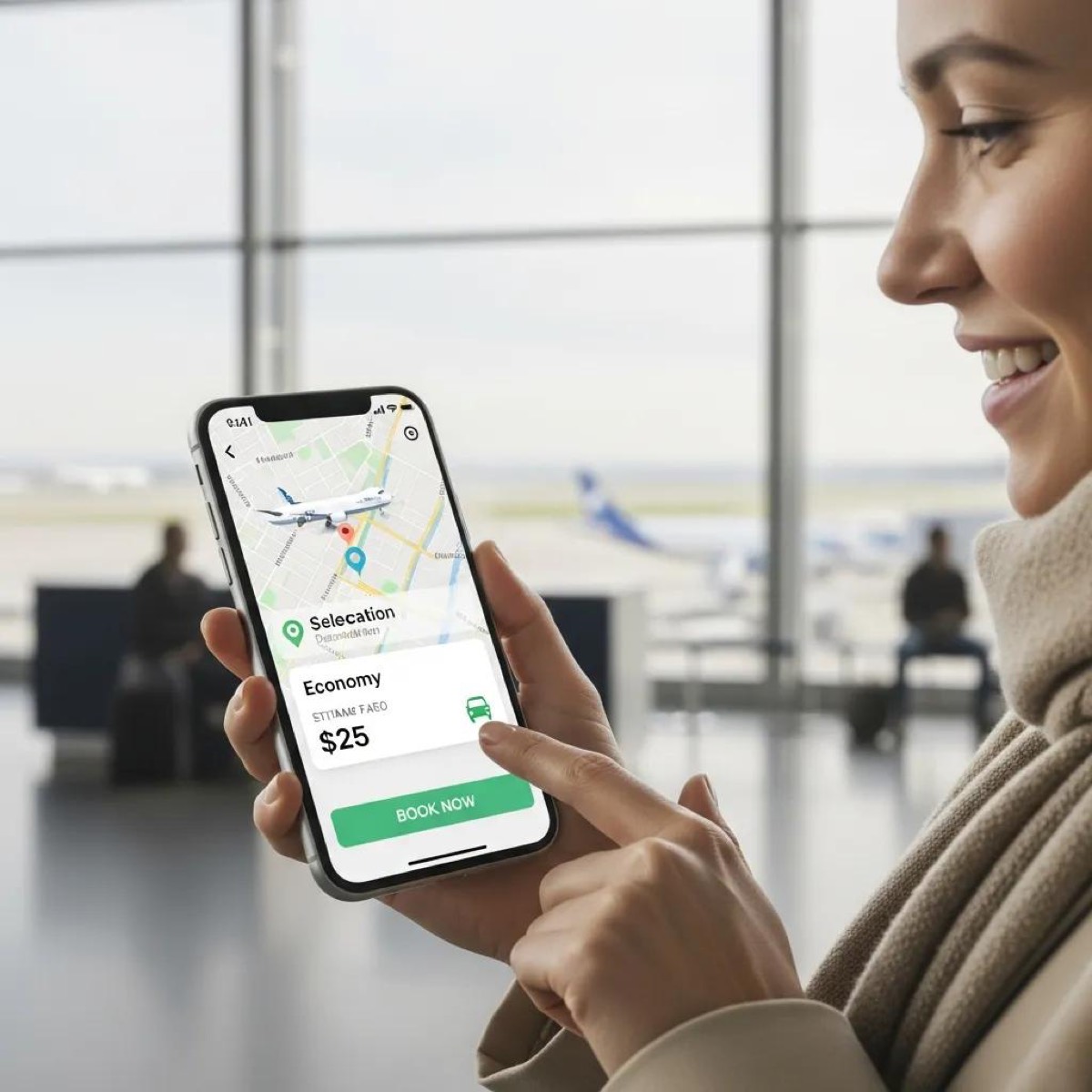 Person booking a discount airport ride using a smartphone at the airport