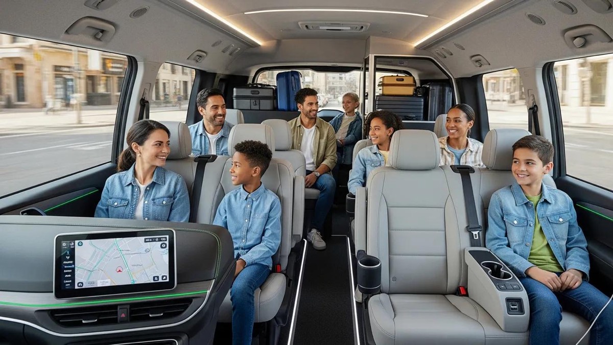 Interior of a hybrid taxi for group travel, showcasing comfort and eco-friendliness