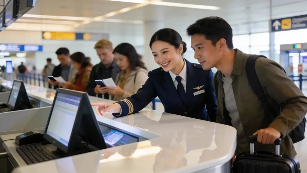 A friendly airport check-in attendant assisting a traveler, representing the importance of timely check-in