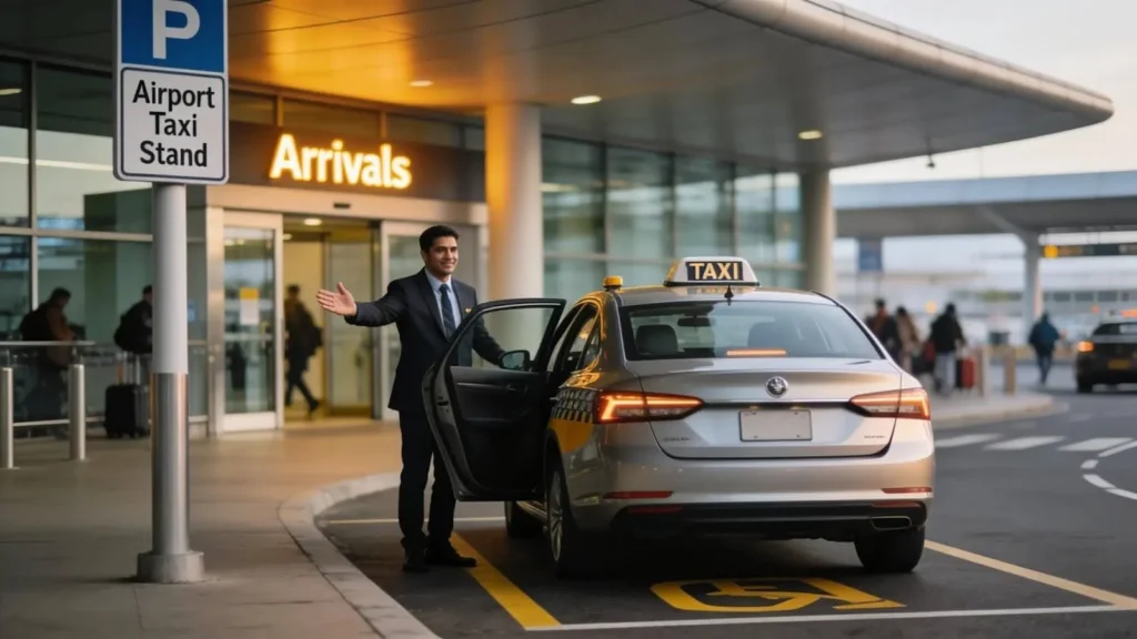 A taxi driver waiting outside an airport terminal, highlighting timely airport transfers and assistance