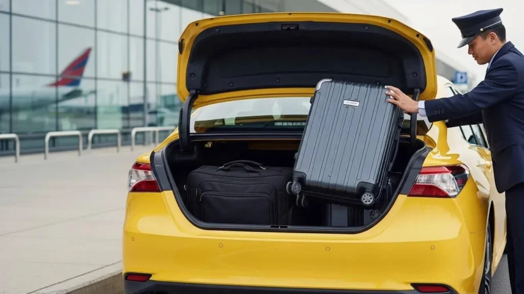 A taxi with luggage being loaded, illustrating standard luggage size and weight limits at the airport