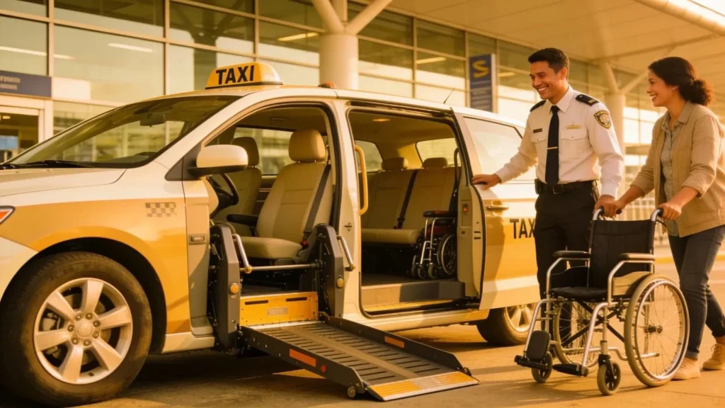 Accessible taxi with ramp for mobility aids, highlighting the service for disabled passengers