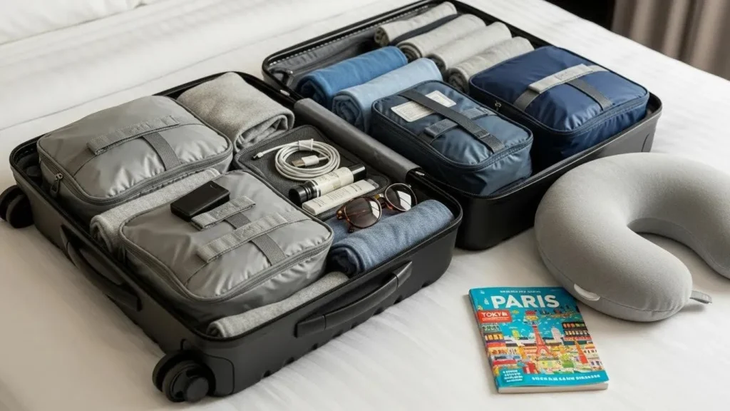 An open suitcase packed efficiently with rolled clothes and packing cubes, demonstrating effective packing strategies