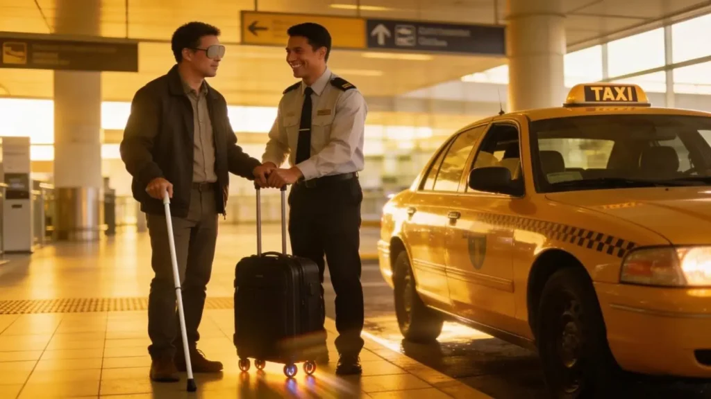 Blind passenger receiving assistance during an airport transfer with an accessible taxi