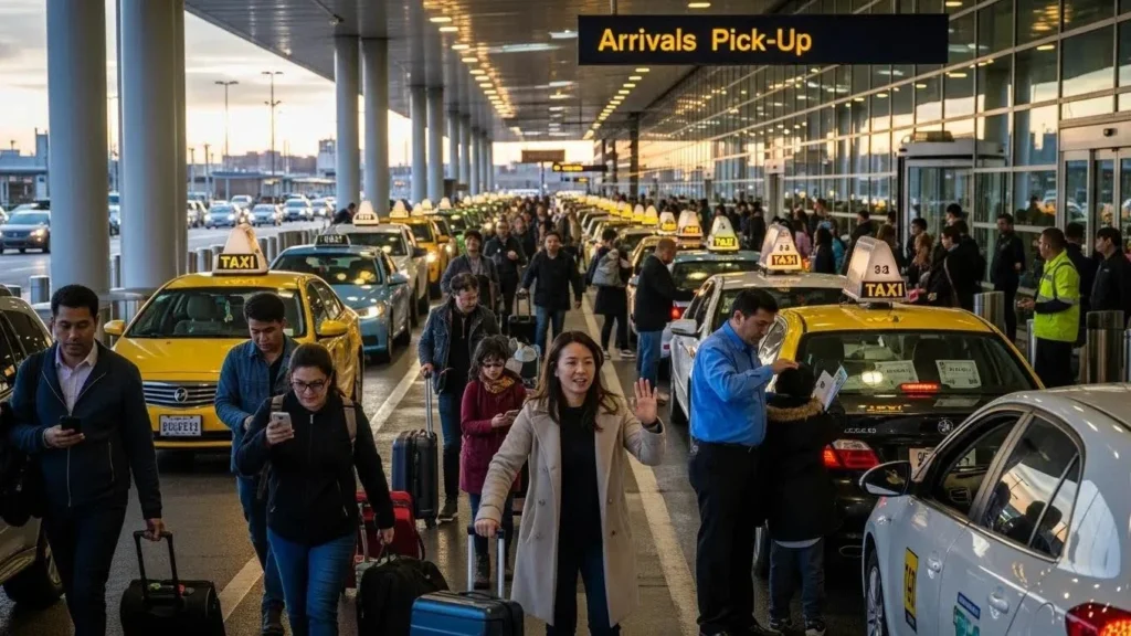 Busy airport taxi pick-up area with travellers and taxis
