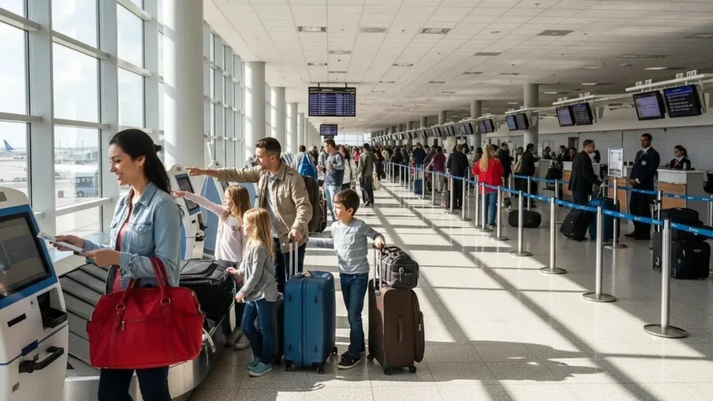 Busy airport terminal with travellers checking in and preparing for flights