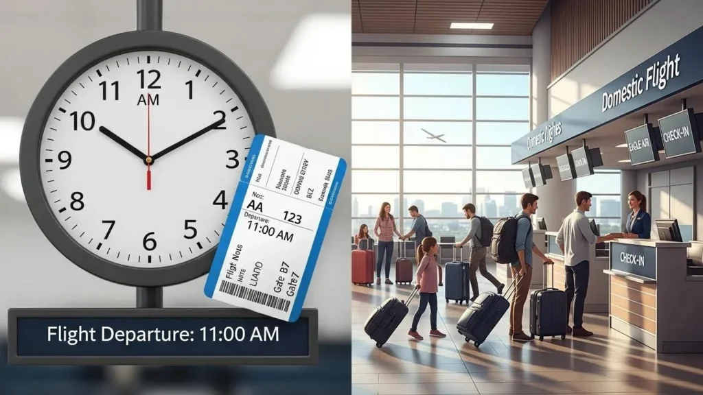Clock indicating 2 hours before flight with check-in area and boarding pass