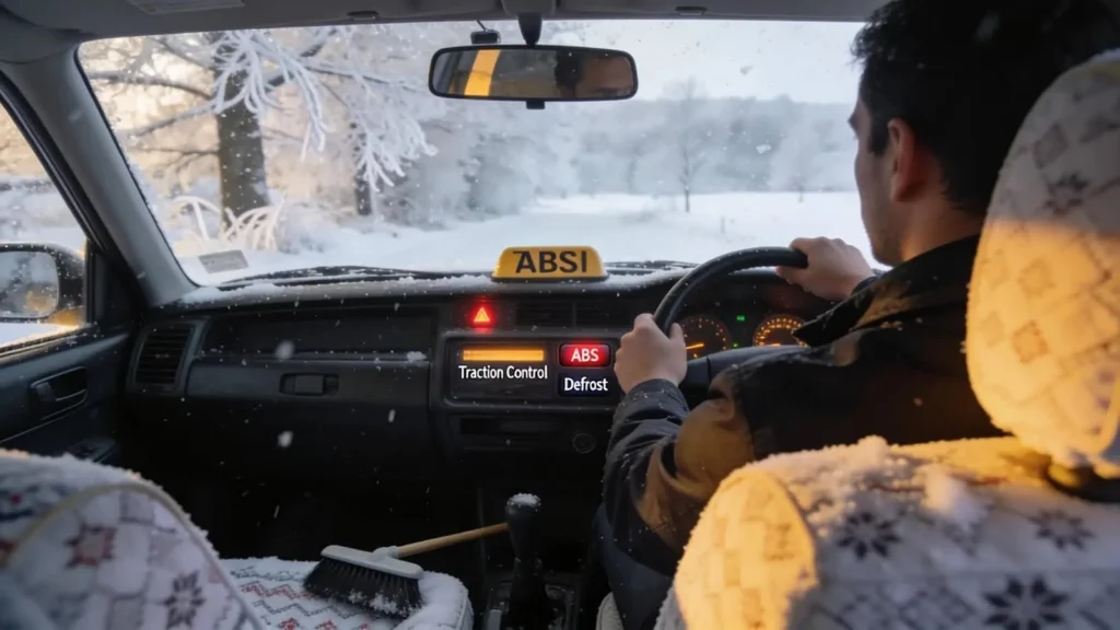 Driver performing safety checks in a winter-ready taxi, highlighting important vehicle maintenance