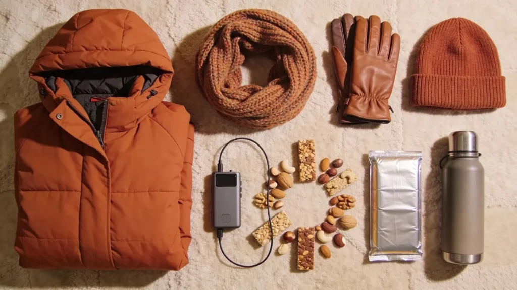 Essential items for winter taxi trips, including warm clothing and emergency supplies