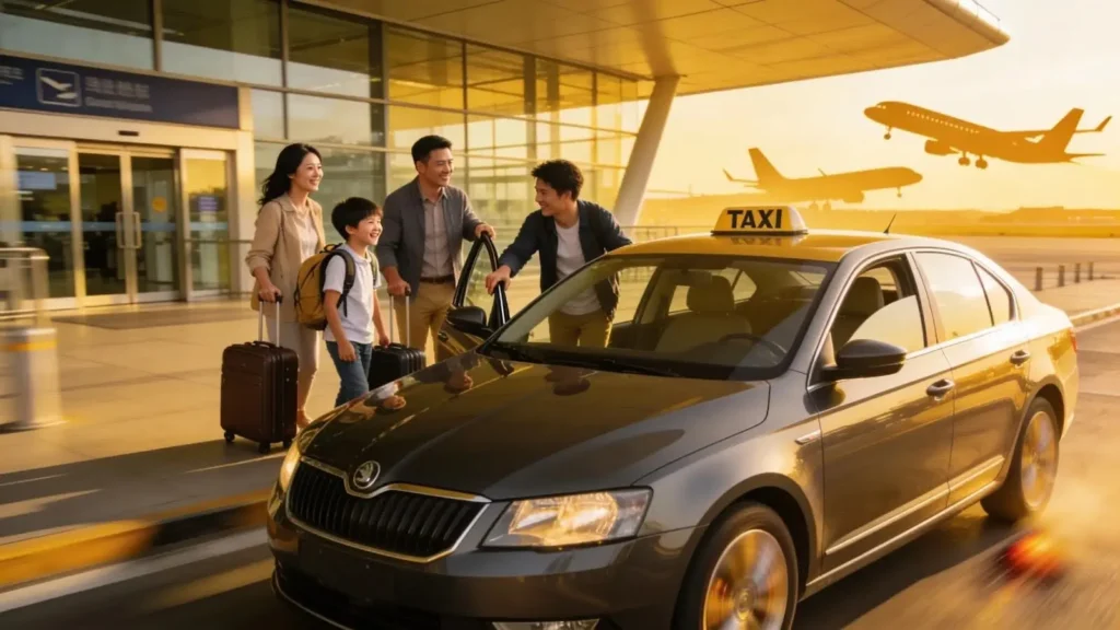 Family boarding a modern taxi at an airport, representing airport transfer services in Kent