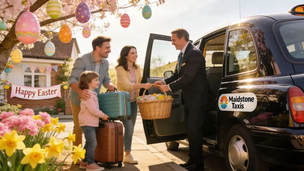 Family loading luggage into a taxi for Easter travel in Maidstone
