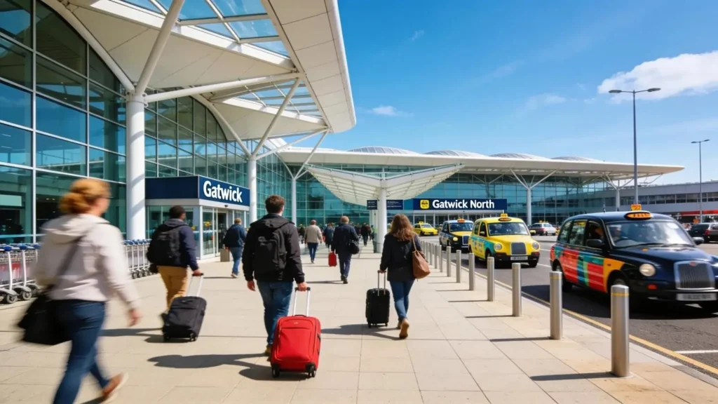 Gatwick Airport overview featuring North and South Terminals with travelers and taxis