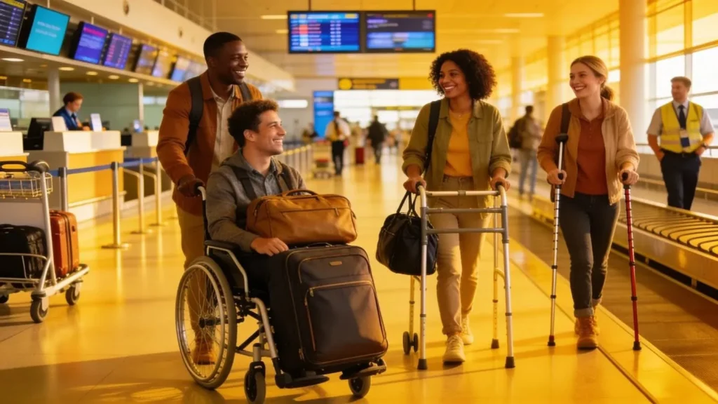 Group of diverse travellers with mobility aids at an airport, representing accessible travel