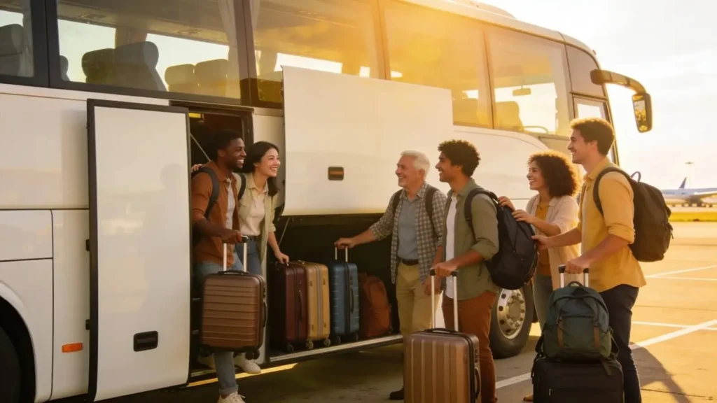 Group of friends boarding a minibus for airport transfer, emphasizing benefits of group travel