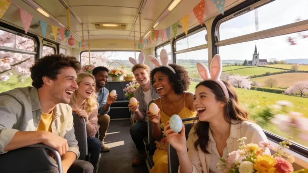 Group of friends enjoying a minibus ride during Easter