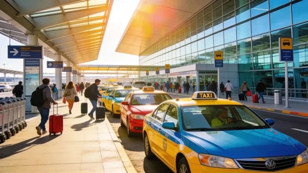 Heathrow Airport taxi services with passengers and modern architecture