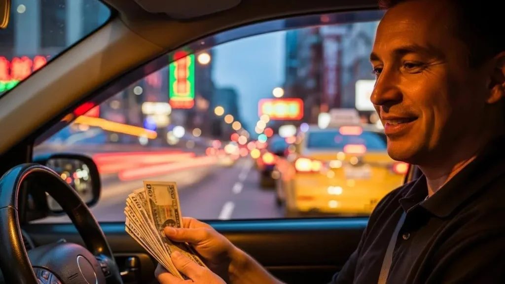 Licensed taxi driver counting cash, illustrating income stability and financial benefits