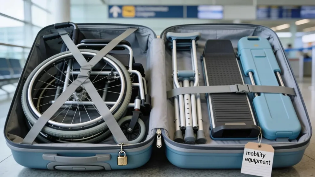 Organised suitcase with mobility aids, illustrating safe packing for travel