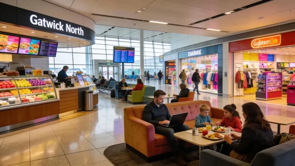 Passenger amenities at Gatwick North Terminal with dining and shopping areas