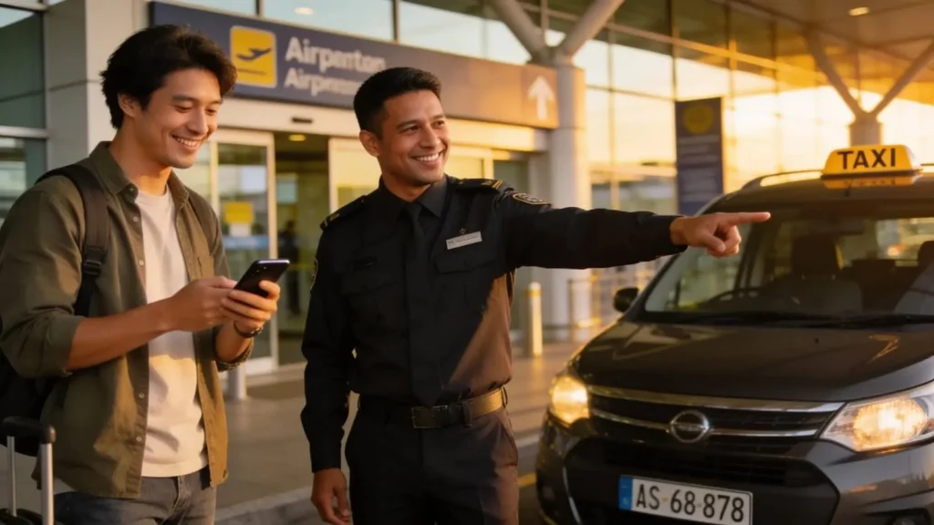 Passenger and taxi driver communicating at airport, highlighting efficient management of waiting times