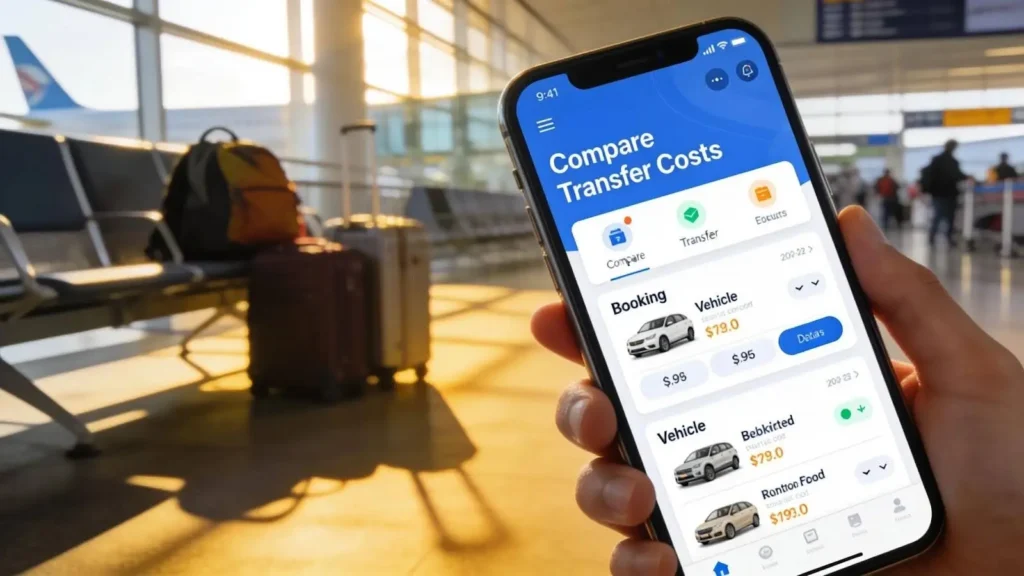Smartphone displaying taxi booking app with airport backdrop, focusing on transfer cost comparison