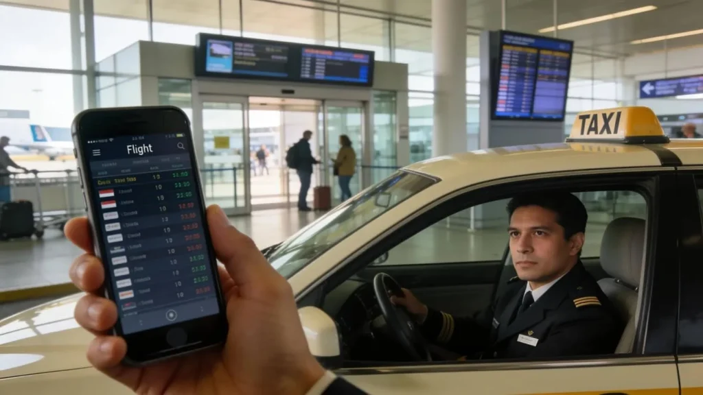 Taxi driver checking flight statuses via smartphone at the airport, illustrating compliance with waiting time policies