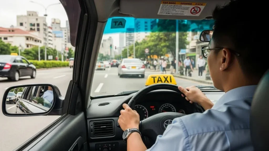 Taxi driver navigating through a busy city street, highlighting the challenges of the profession