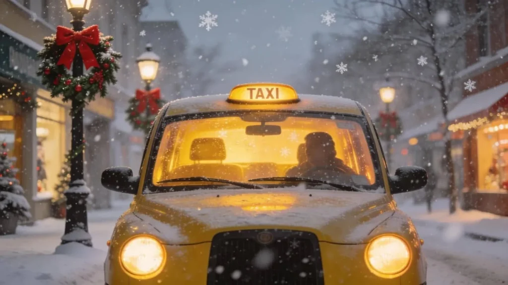 Taxi in a snowy Maidstone winter scene, emphasising safe travel during winter