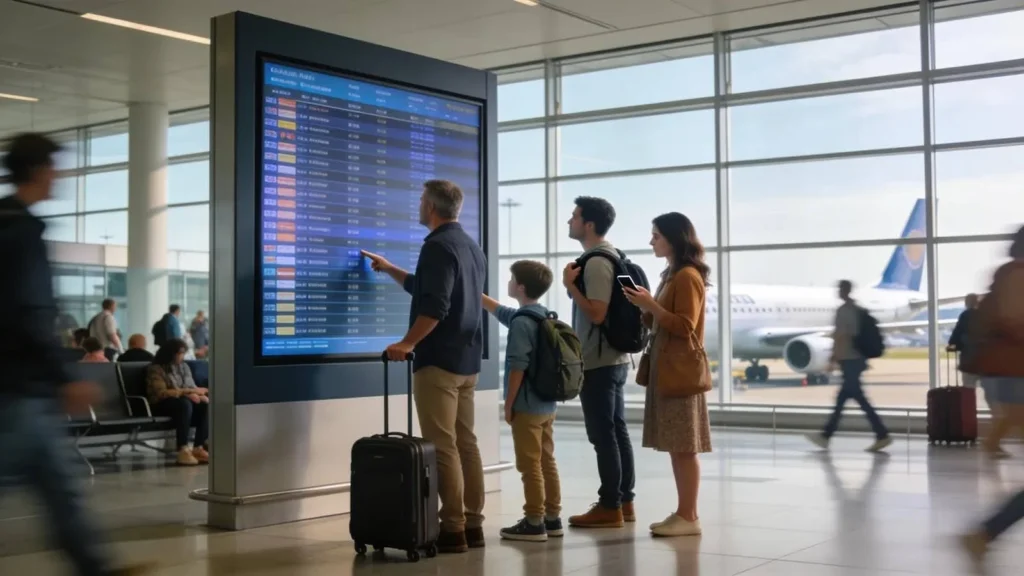 Travelers at an airport checking flight information, embodying the concept of airport waiting time