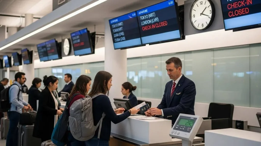 Traveller at international airport check-in counter with passport and boarding pass