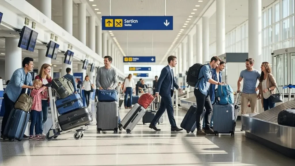 Travellers managing luggage at an airport terminal, showcasing various suitcases and bags