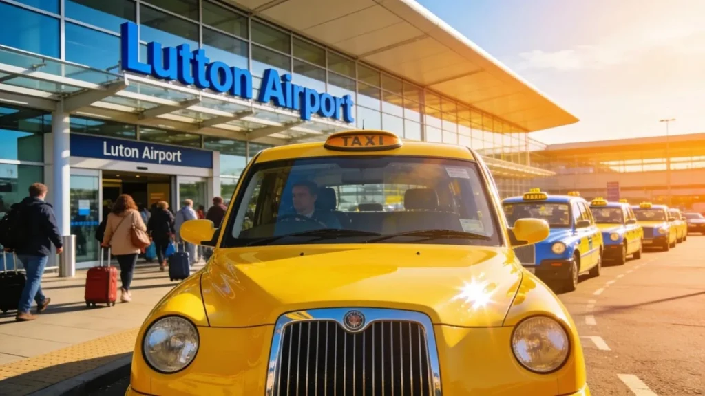 Vibrant taxi in front of Luton Airport, illustrating travel services and passenger experiences
