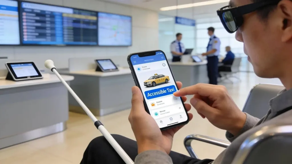Visually impaired passenger booking an accessible taxi using a smartphone